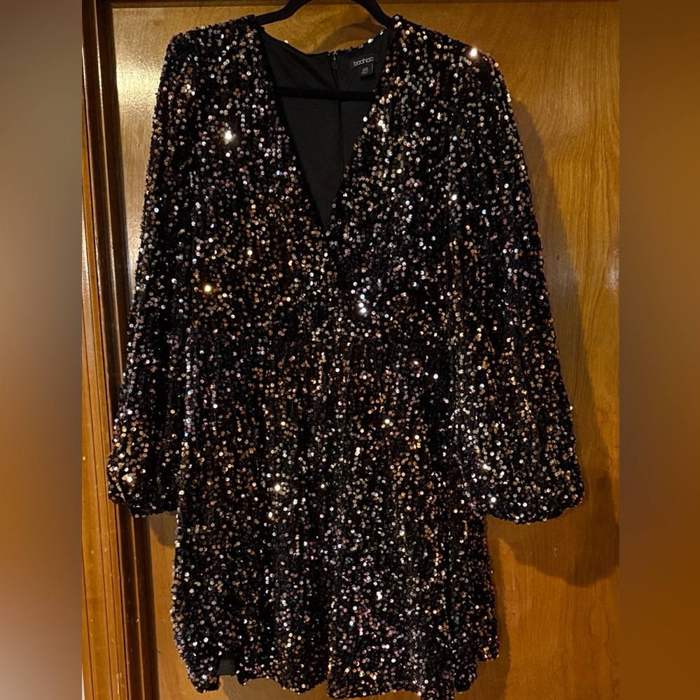 Boohoo rainbow sequin Blouson skater dress NWT size 14 - Picture 8 of 11